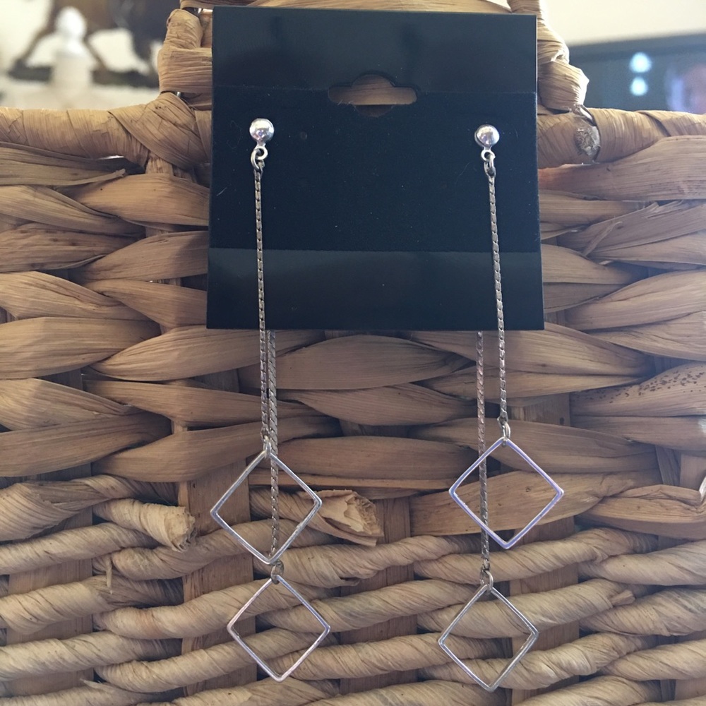 Silver tone chain diamond charm pierced earrings